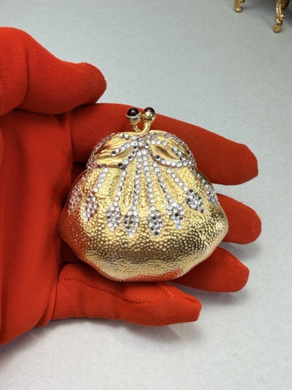 Vintage Pretty Judith Leiber Swarovski Crystal Strawberry Pill Box Gold From 80s